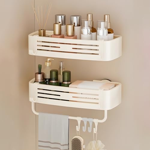 Reelyo 吸盤 浴室用ラック バスラック 浮かせる収納 水切り 防水と防錆 フック/タオルバー付き バスルーム/お風呂/洗面所/キッチンに おもちゃ シャンプー 収納 (方形, 2段)