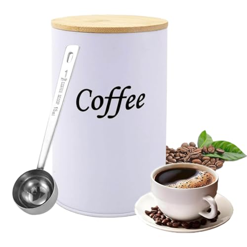 PEEXTBB Luftdicht Kaffeedose, 500 ml Behälter mit Holzdeckel, Eiserner Behälter zur Aufbewahrung von Kaffeebohnen, Kaffeebehälter mit Edelstahllöffel, Kann in Cafés und Büros Verwendet Werden, Weiß