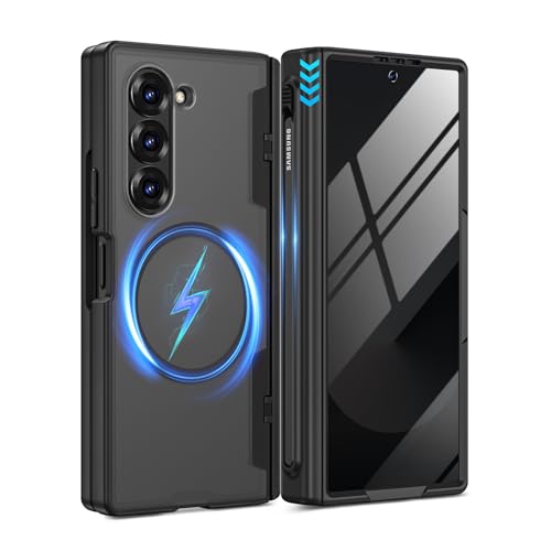 HWeggo for Z Fold 6 Case with S Pen Holder [No S Pen][Magnetic Charging][Built-in Screen Protector][[Anti-Peeping] Hinger Cover Full Body Shockproof Privacy Case for Galaxy Fold 6 (Black)