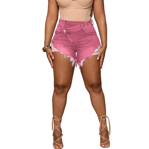 Image of PINSV Women's High Waisted Crossover Jean Shorts Ripped Hem Raw Denim Shorts
