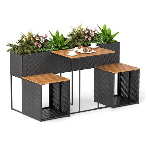 Tangkula Patio Furniture Set with Raised Garden Bed, PE Rattan Garden Planter Table with Built-in Chairs and Storage Space, Acacia Wood Outdoor Conversation Set with Sturdy Metal Frame