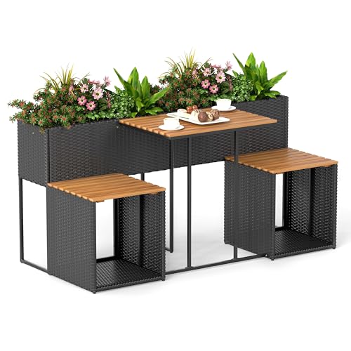 Tangkula Patio Furniture Set with Raised Garden Bed, PE Rattan Garden Planter Table with Built-in Chairs and Storage Space, Acacia Wood Outdoor Conversation Set with Sturdy Metal Frame