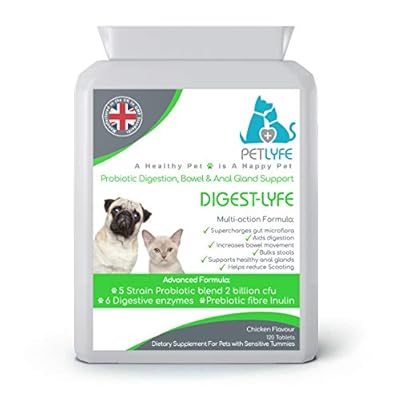 Petlyfe Probiotics Prebiotics Digestive Enzymes Fibre Inulin x120 Supplements Digestion Bowel & Anal Gland Support | No Scoot Dogs & Cats | 2 Billion CFU's Per Tablet | Aids Diarrhoea Constipation