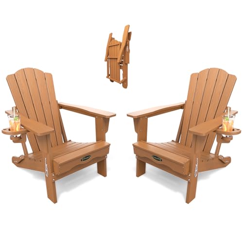 THOEOE Folding Adirondack Chair Set of 2, HDPE All-Weather Outdoor Chair with Cup Holder, Wooden Textured, Fire Pit Chair, Plastic Patio Chair for Deck, Backyard, Garden, Lawn