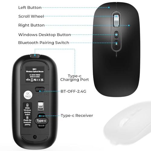 Image of RaceGT USB C Wireless Mouse, Rechargeable Dual-Mode Mouse(Type C and Bluetooth), Silent Mice for MacBook Air /Pro, Slim Portable Travel Mice for iPad Laptop PC Computer