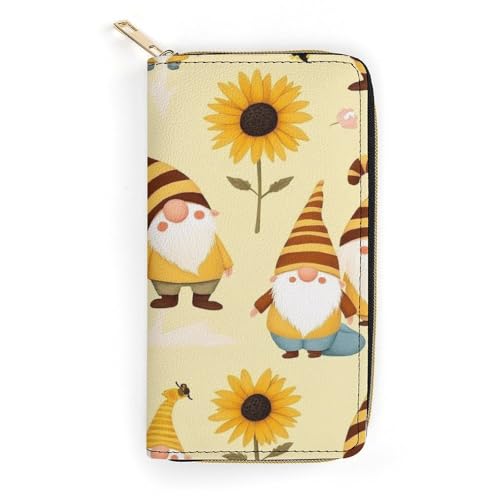 Women's Cute Decor Wallet, Long PU Zipper Wallet, Travel Purse Fashion Design, Huge Storage Capacity Purse Honey Bees Cute Gnome Sunflower Floral