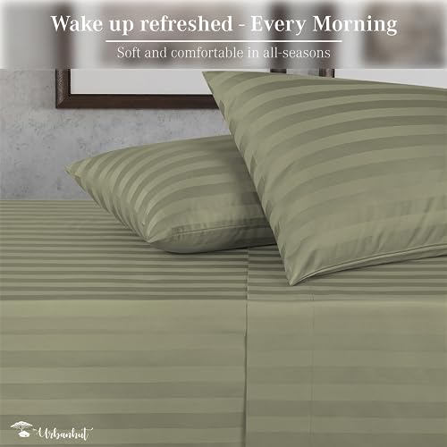 URBANHUT 800 Thread Count Egyptian Cotton Damask Striped Queen Size Sheets Set (4 Pc) - Ultra Soft & Smooth, Sateen Weave Queen Size Sheets, Luxury Hotel Sheets with 16" Deep Pocket - Sage
