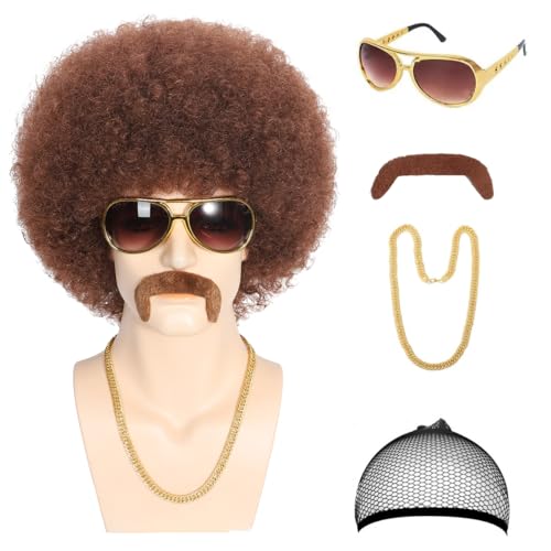 ELETAMQ Afro Wig Men 5 pcs Set (Wig+ Glasses+ Necklace+ Mustache+ Wig Cap) 70s Costume Disco Hair Short Curly Brown Mens Wigs Fluffy Synthetic Hair Hippies Rocker Hair for Halloween Cosplay Party