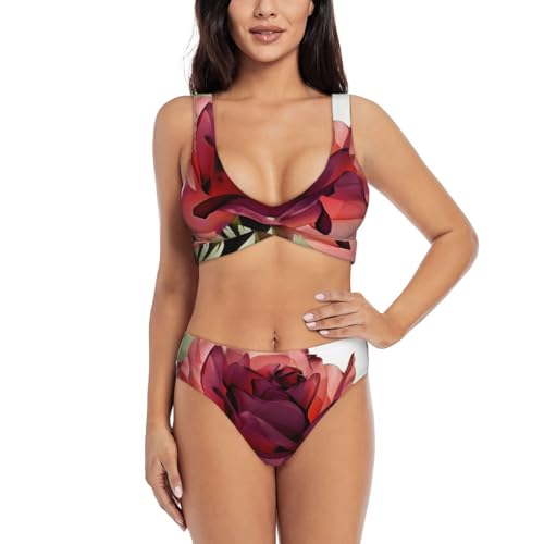 Maillot de bain deux pièces femme imprimé fleurs roses plage vacances bikini chic