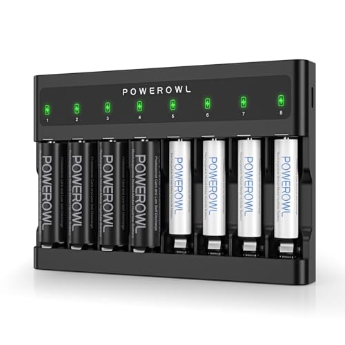 POWEROWL AA AAA Rechargeable Batteries with Charger 8 Slots Battery Charger (FY-828) Independent Slot USB Fast Charging for Ni-MH Rechargeable Batteries