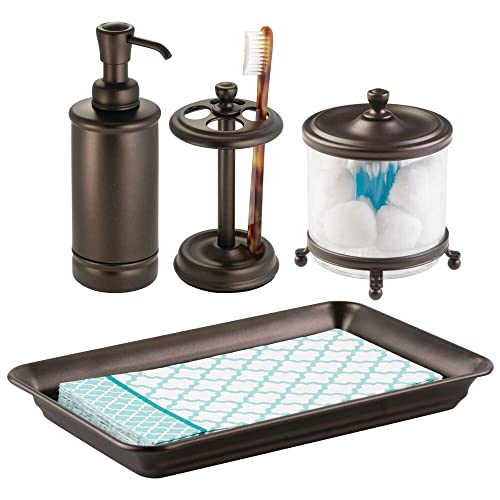 mDesign Metal Soap Dispenser Pump, Toothbrush Holder Stand, Vanity Towel Tray, Glass Canister - Set of 4, Clear/Bronze