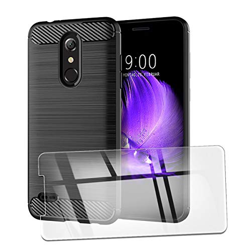 QFSM Funda + Cristal Templado para LG K11 Silicona Carcasa TPU Anti-Knock Fibra de Carbono Cover Case, HD Película Protectora Cristal Templado Pantalla Glass