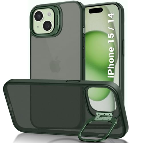 Image of TheGiftKart Hybrid Back Cover Case for iPhone 15 / iPhone 14 | Built-in Stand | Shockproof Hard Case Cover for iPhone 15 / iPhone 14 (PC & TPU, Frosted Matte Back, Green Sides)