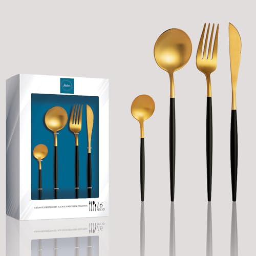 Kadum - 16-teiliges Besteckset Modernes Besteckset aus Edelstahl, 4x Suppenlöffel 4x Tafelgabel 4x Speisemesser 4x Teelöffel (Gold mit schwarzem...