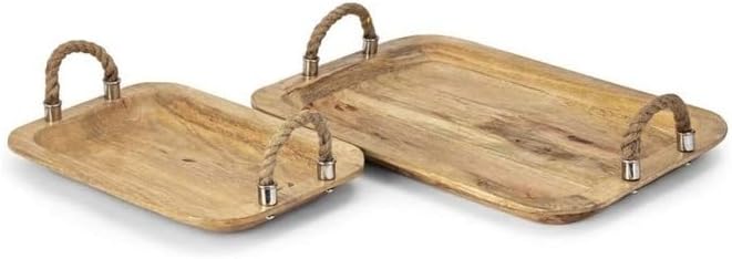 HomeStock Wood Trays with Jute Handles - Set of 2 - Brown Mango Wood Decorative Serving Trays