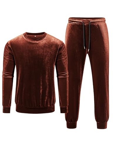 LecGee Men's 2 Piece Casual Fashion Velvet Crewneck Pullover Brown