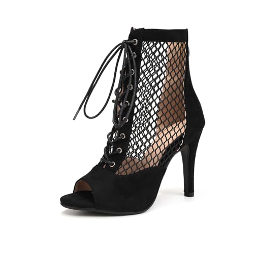 Sexy Peep Toe Suede Mesh Latin Dance Boots for Women 4 Inch Heel