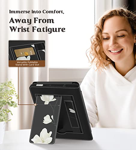 Image of MoKo Case Fits All-New 6 inch Kindle (11th Generation, 2022 Release) / Kindle (11th Gen,2019) /Kindle (8th Gen, 2016), Ultra Lightweight PU Shell Cover with Auto Wake /Sleep, Black & White Magnolia