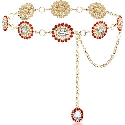 Boho Turquoise Concho Belt Western Bling Rhinestone Chain Belt Cowgirl Sparkly Crystal Waist Chain for Women