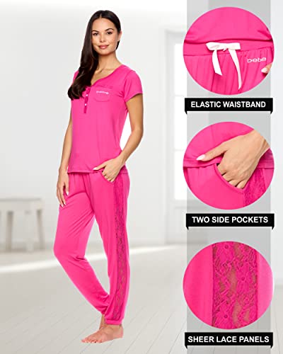 Bebe Womens Pajama Sets - Short-Sleeve Pajamas For Women With Lace Accents - Pj Set For Women (Fuchsia, X-Large) #TOP2