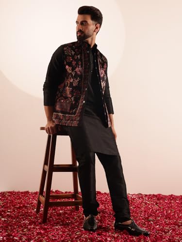 Image of SOJANYA Men's Silk Blend Black Kurta and Pyjama With Paisley Design Velvet Nehru Jacket