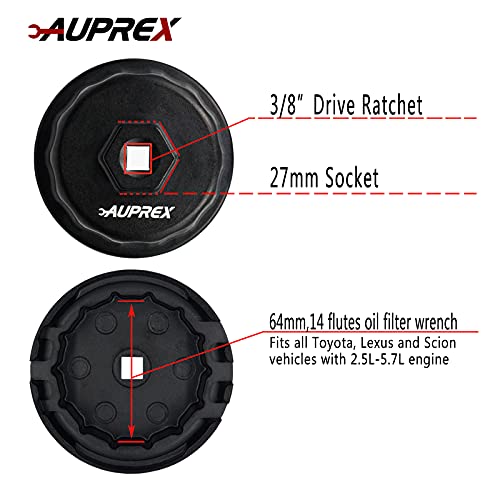 Auprex Oil Filter Wrench For Toyota Camry, Lexus, Tundra, 4Runner, Highlander, Rav4 And More, 64Mm 14 Flutes Cap Oil Filter Removal Tool For 2.5-5.7L Engine With Cartridge Style Oil Filter Housing #TOP1