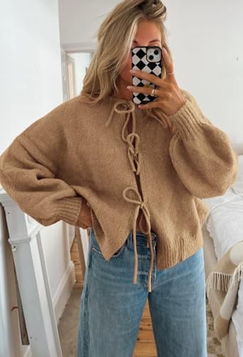 ATHMILE Women's Tie Front Bow Cardigan Sweaters Chunky Knit Long Puff Sleeve Trendy Fall Winter Jacket Coats 20253