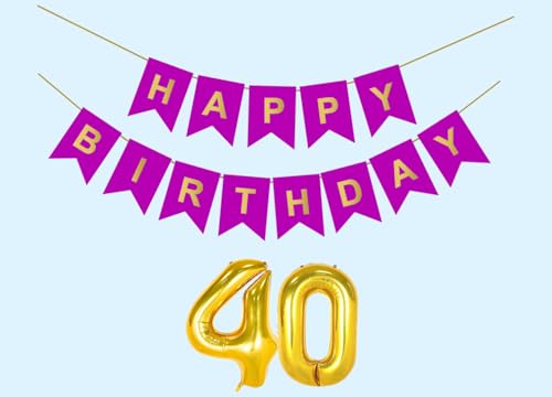 Image of 40th Happy Birthday Decoration Kit Purple for 40 year Old Boys Girls Men with Number Forty Party Decorations Decor Celebration Items Item Set Combo Reusable Paper Banner