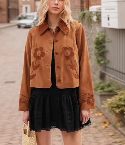 chouyatou Women Fall Floral Faux Suede Leather Jacket Casual Crop Button Down Suede Trucker Jacket Outerwear4