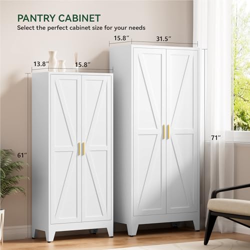 Image of Kitchen Pantry Cabinet,71 inch H x 31.5 inch W,Metal Farmhouse Storage Cabinet with Adjustable Shelves and Barn Doors,5-Tier Storage Cabinet for Kitchen Dining Room Garage,White 1 Pack