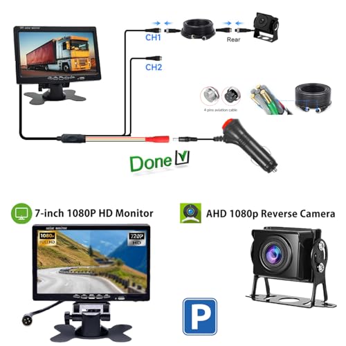 Image of Wired Backup Camera System 7 inch IPS Monitor, Stable Wired Signal, 1080P IP69 Waterproof Camera, Color Night Vision, 150 View, DIY Parking Lines, 49 ft Cable, 12-36V for Truck RV Trailer Van