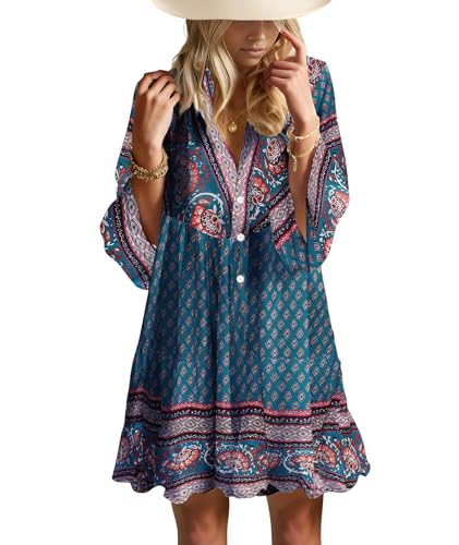 Image of Summer Dresses for Women 2026 Flowy Ruffle 3 /4 Sleeve V Neck Tiered Casual Babydoll Boho Beach Mini Dress