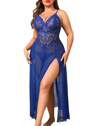 Image of Avidlove Plus Size Lingerie for Curvy Women Long Lace Babydoll Nightdress | V neck sheer mesh nightgown,g-string included,high side slits,adjustable straps,curve-flattering fit,maternity photoshoot