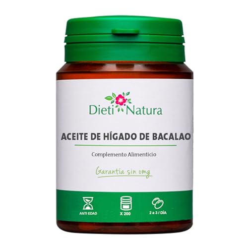 Dieti Natura Aceite de Hígado de Bacalao - 200 Cápsulas de Hígado de Bacalao con Omega 3, Vitamina A y D3 - Aceite de Pescado Con EPA & DHA – Cápsulas con Propiedades Antioxidantes – Sin OMG