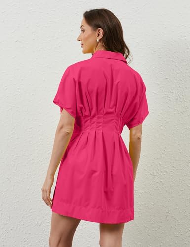 Image of calbatic Women Button Down Pleated Shirt Dress Striped Short Sleeve Summer Casual Business Flowy Mini Short Dress Rose Red