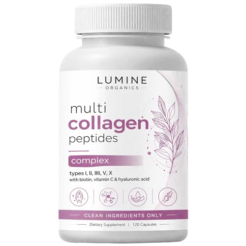 Natura Derm Lumine Organics Collagen Peptides Multi Collagen Complex Types I II III V & X with Vitamin C & Hyaluronic Acid Hydrolyzed Collagen - 120 Capsules