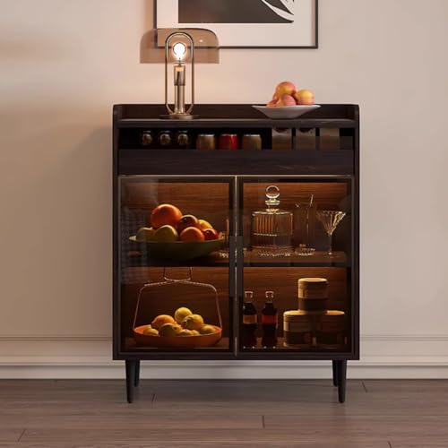 PP-Vic Gabinete De Vino Moderno Con Tira De Luz LED, Mueble Bar Alto Con 2 Puertas De Vidrio Cuadradas Y Cajones, Mueble De Comedor De Madera Maciza Con Gabinete De Almacenamiento Adecuado,Negro