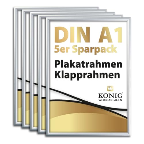 5 Plakatrahmen DIN A1 | 25mm Aluminium Profil Silber | inkl. entspiegelter Schutzscheibe | Alu Klapprahmen Wechselrahmen Posterrahmen | 5er Sparpack | Dreifke