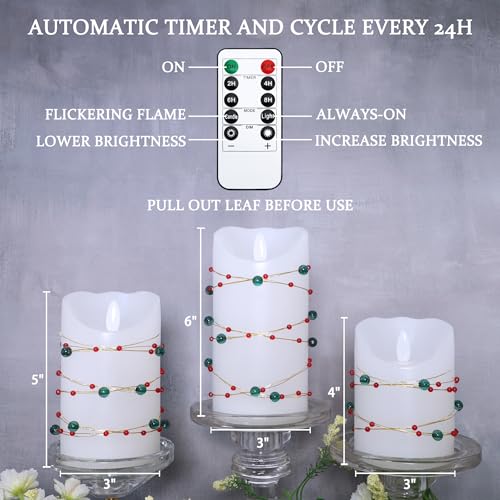 Image of Flameless Candles with Red Green Beads String Lights - Real Wax Christmas Decor Battery Operated Candles with Remote & Timer- Home Party Bedroom Holiday Valentine's Day Decorations - Set of 3