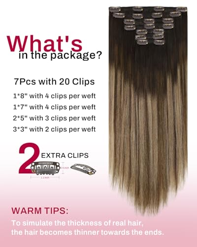 Image of Moresoo Real Hair Extensions Clip in Human Hair Balayage Dark Brown to Ash Blonde with Dark Blonde Ombre Human Hair Clip in Extensions Double Weft 7pcs /150g 24inch