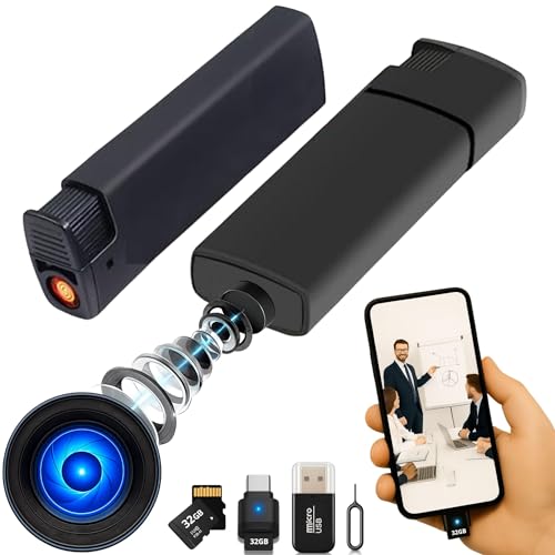 Mini Camara Espia Oculta Camuflada Mechero (TOTAL PACK con Tarjeta 32GB Lector y OTG Para el Móvil) Sin Agujero de Lente, Sin Luz al Grabar, 2 MP SuperHD, Grabación en Bucle, Plug and Play sin Wifi