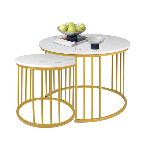 LANTUS Table Basse Salon, Adaptée au Salon, pour Fenêtre et Baie Vitrée, Coffee Table 2 Pièces, Table Basse Ronde Moderne, Table Gigogne Ronde,(60 x 60 x 45 cm et 40 x 40 x 38 cm) Blanc et Or