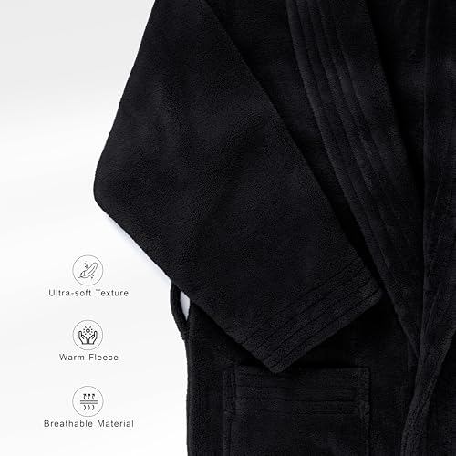 Image of American Soft Linen Women's Fleece Bathrobe - Luxury Soft, Plush, Fuzzy & Warm Turkish Robe for Women, Cozy Spa Quality Adult Bathroom Lounge Robe, Black L