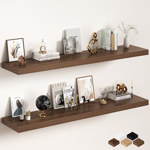 Image of Fun Memories 72 Inch Floating Shelves, 12 Inch Deep Wall Shelf for Fireplace Mantel, Deep Storage Shelves for Home & Office, Long Floating Shelf with Invisible Bracket, Walnut, Set of 2
