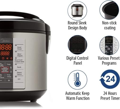 Midea Rice Cooker showing multi-function capabilities including rice cooker, yogurt maker, meatballs, spaghetti, shrimp, pumpkin soup, stew meat