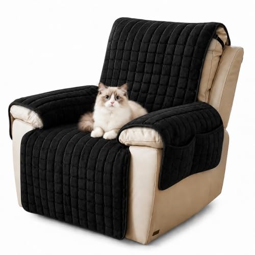 Image of XPJBKC Recliner Chair Cover, Waterproof Armchair Covers, Soft Plush Non Slip Sofa Slipcovers 1 Seater, Machine Washable Furniture Protector C-over for Pets and Children (Black, 53 * 190CM)