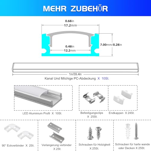 Efishine 10 Pack LED Profile Aluminium 10 x 1 m, U-Shape Aluminium Profile with Milky Cover for LED Strips, End Caps and Mounting Bracket for LED Strips, Very Easy Installation