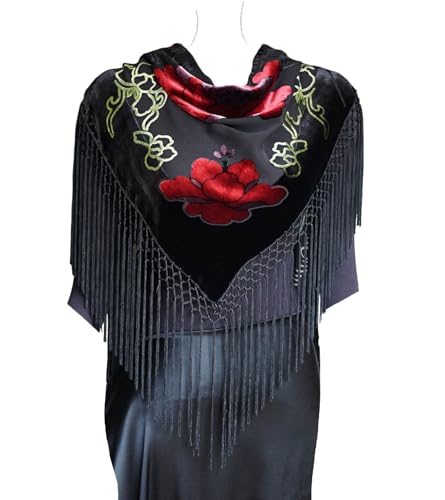 Silk Base Burn-out Velvet Triangle Scarf, with 8" Tassel on two sides, Flora pattern, Black and Red Color3