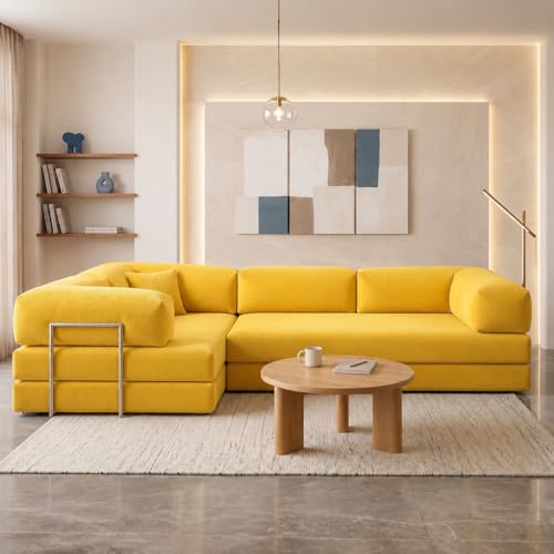Image of Torque Vegas 5 Seater L Shape Sofa Cum Bed for Sleeping- Yellow | Suede Fabric 5 Seater Sectional 3-in-1 Sofa Bed | Corner L Shaped Sofa Set for Living Room Office