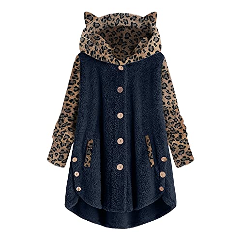 ZJRXM Women Fleece Jacket Sweatshirt Cat Ear Pullover Hoodies Solid Leopard Long Sleeve Button Up Cardigan Outwear for Girls Navy